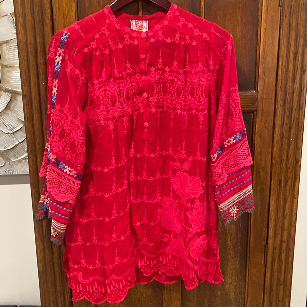 Johnny Was gorgeous red long sleeved tunic. Size S.